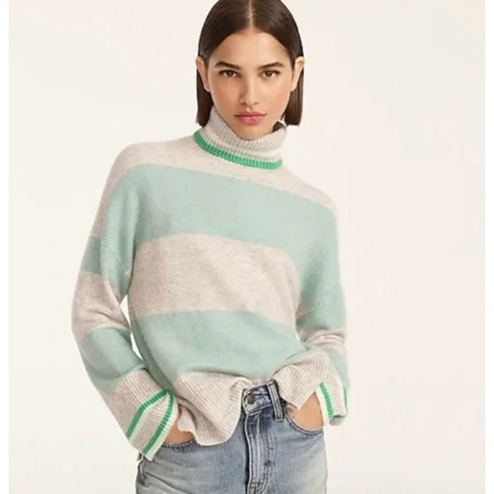J Crew Striped Turtleneck Sweater Supersoft Yarn Size M Wool Blend Mint Gray